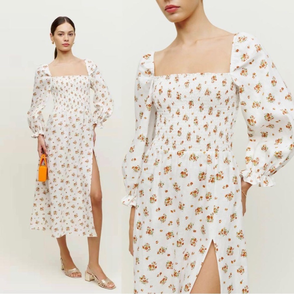Reformation Gitane Linen Floral Midi Smocked Dress in Lara